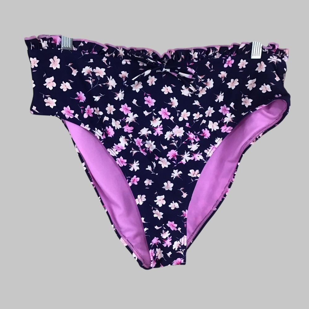 SO Womens Floral High Waisted Bikini Bottoms‎ Navy Pink Ruffle XL NWT